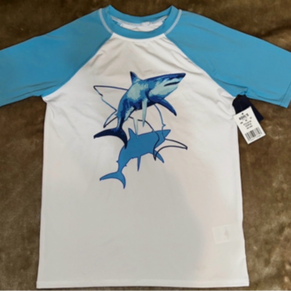 Lands' End Kids Swim Rashguard - Aqua and White with Shark Print